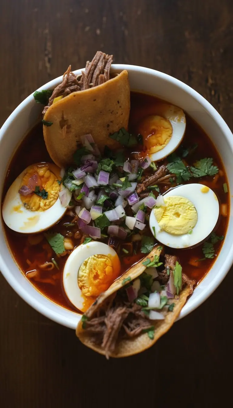 Birria ramen with eggs, onion and cilantro