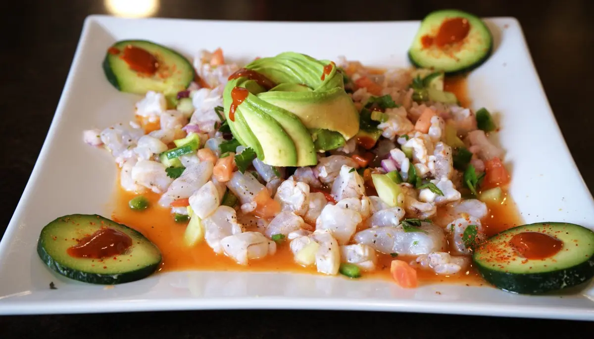 Shrimp ceviche with an avocado rose